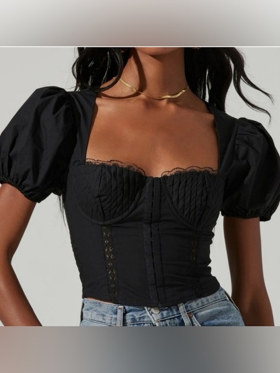 Astr Tops - ASTR The Label Lace-Trim Corset Puff Sleeve Pintuck Open Back Black Crop Top XS